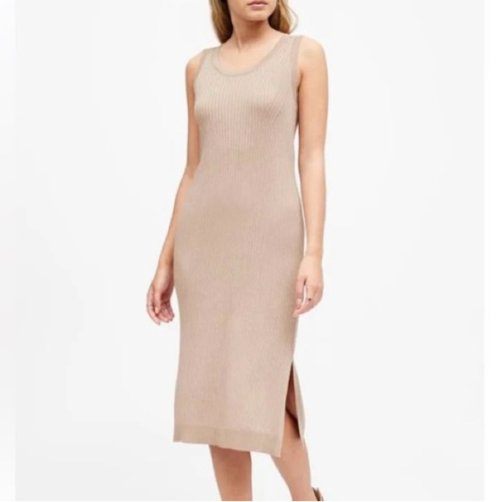 Banana Republic Metallic Scoop Neck Sweater Midi Dress Women’s Tan US Size MP